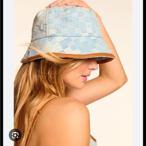 Ramy Brook Blue Checkered Hat with Brown Accent